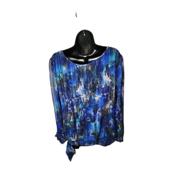 Women's Roz and Ali 18-20 Long Sleeve Tie Waist Scoop Neck Ruffled Flowing Blue - Picture 6 of 16